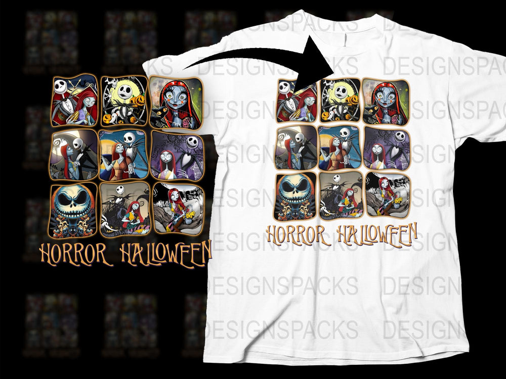 Horror Halloween T-Shirt with Spooky Cartoon Characters, Gothic Style Graphic Tee, Unisex Adult Clothing