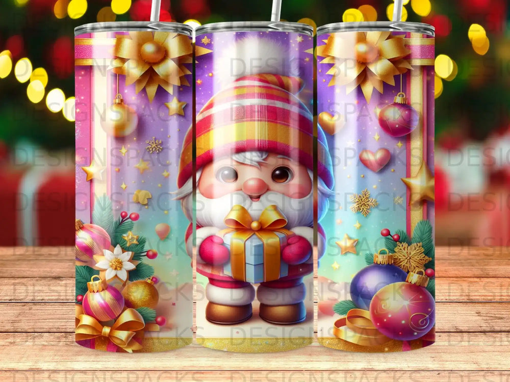 Christmas gnome with gifts and ornaments, festive design.
