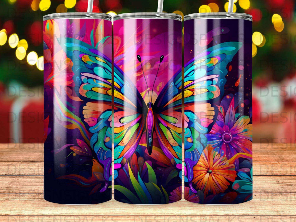 Colorful butterfly with floral and bokeh background on a tumbler.