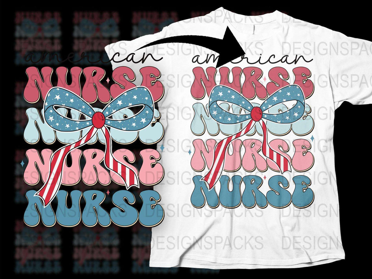 American Nurse T-Shirt, Patriotic Nursing Tee, USA Flag Bow, Healthcare Worker Gift, Red White and Blue, Stylish Nurse Apparel