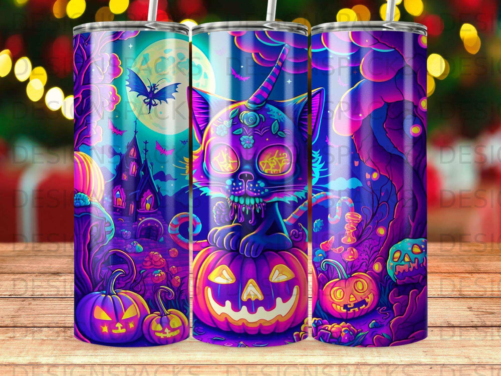 Halloween cat with pumpkin and spooky decorations on a colorful tumbler.