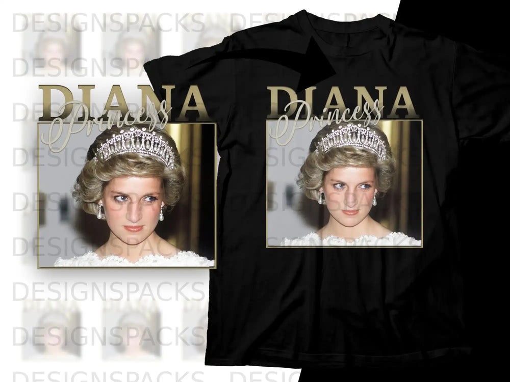 Princess Diana wearing a tiara and pearl earrings, displayed on a black t-shirt.