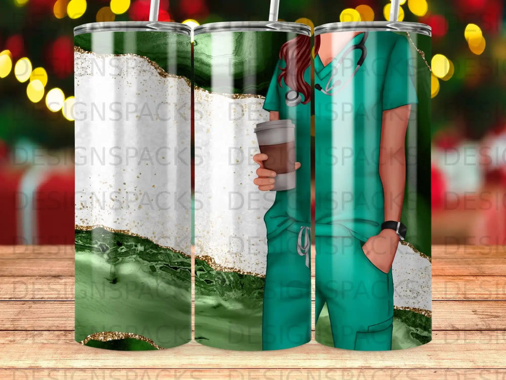 Green marbled tumbler with medical uniform graphic holding coffee cup.