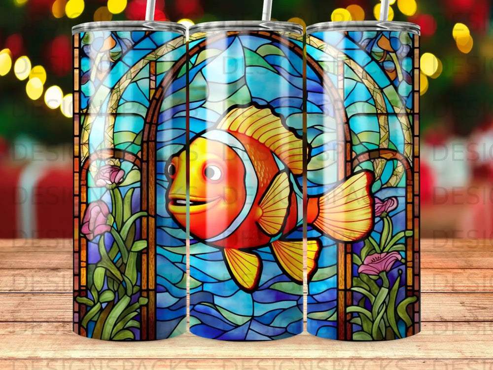 Clownfish in stained glass window with flowers.