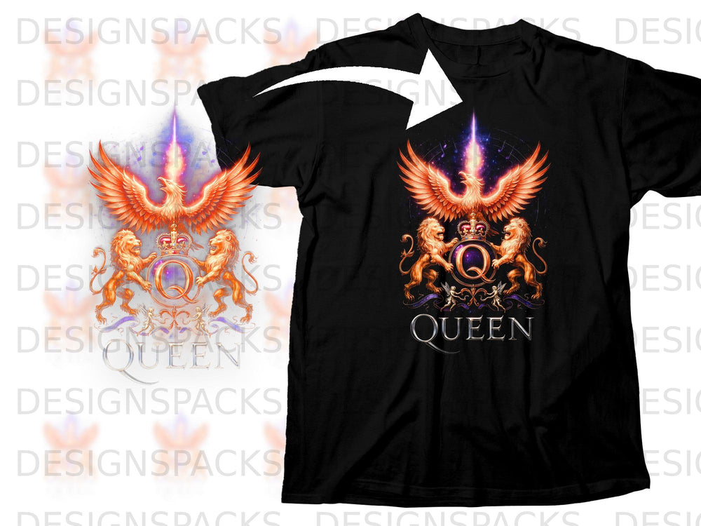 Black t-shirt with Queen logo featuring phoenix, lions, and crown.