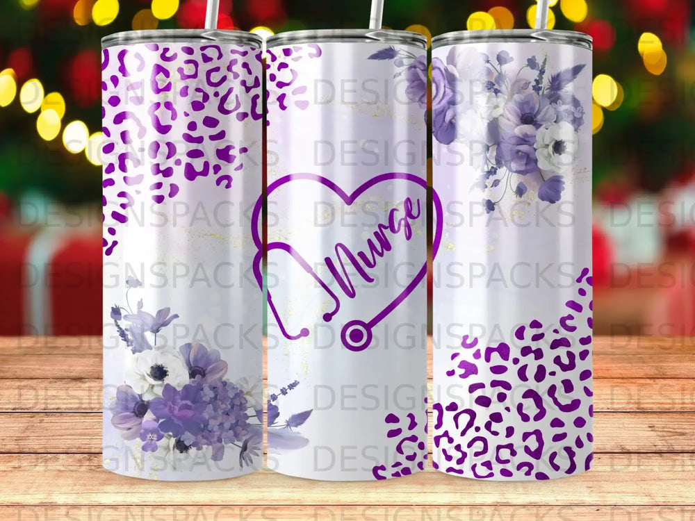 Purple leopard print and floral nurse tumbler with stethoscope.