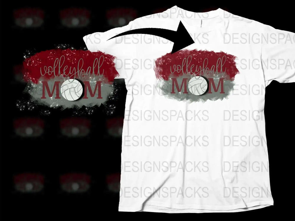 Volleyball Mom T-Shirt, Red and White Sports Parent Tee, Glitter Sparkle Design, Women’s Casual Sportswear Top