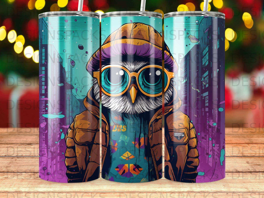 Owl wearing sunglasses and a beanie, with city skyline background.