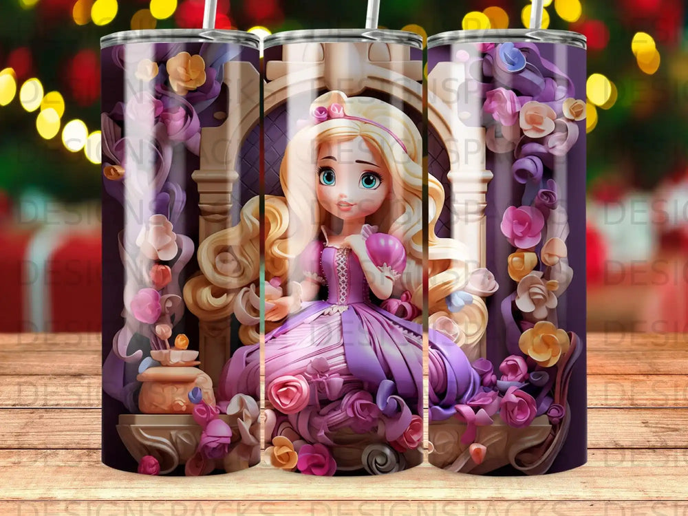 Cartoon princess in purple dress with ornate floral decoration on tumbler.
