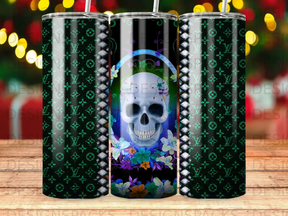 Skull with flowers and geometric pattern on a tumbler.
