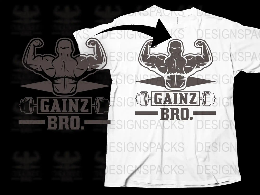 Gainz Bro Gym T-Shirt, Bodybuilding Graphic Tee, Men’s Workout Shirt, Fitness Apparel, Muscle Top, Black and White