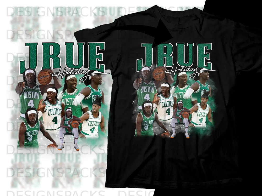 Jrue Holiday Boston Celtics graphic tee with multiple player images and team branding.