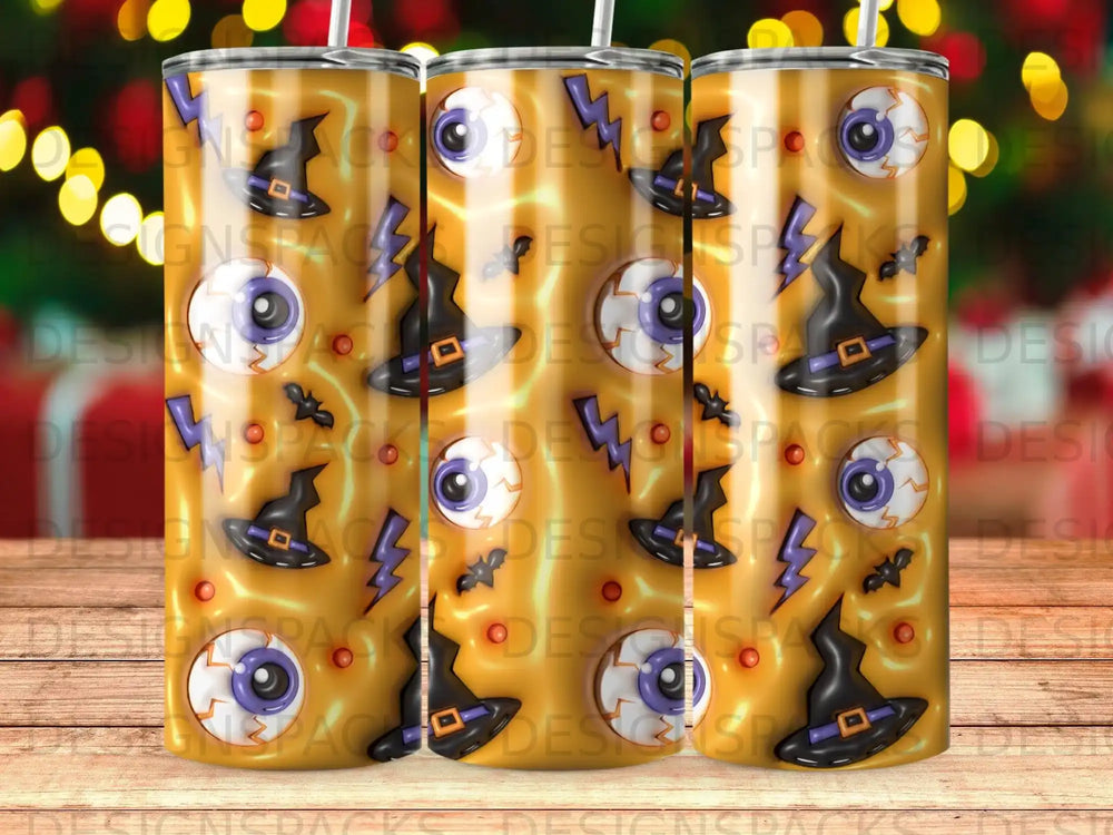 Tumbler with Halloween pattern featuring witch hats, eyeballs, and lightning bolts.