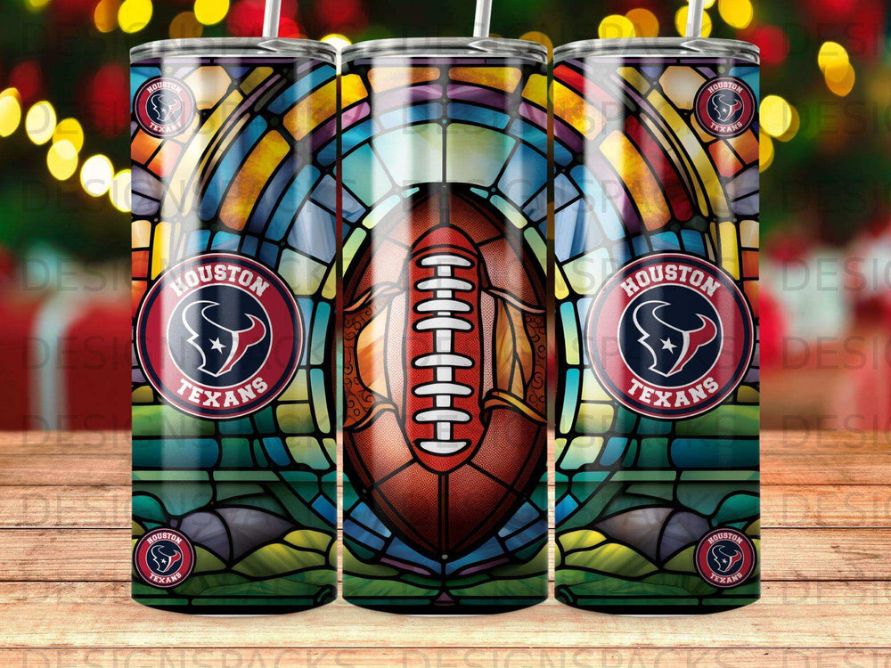 Houston Texans football and stained glass pattern on three tumblers.