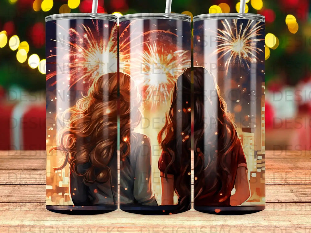 Two women watch fireworks from a window, silhouetted against the display.