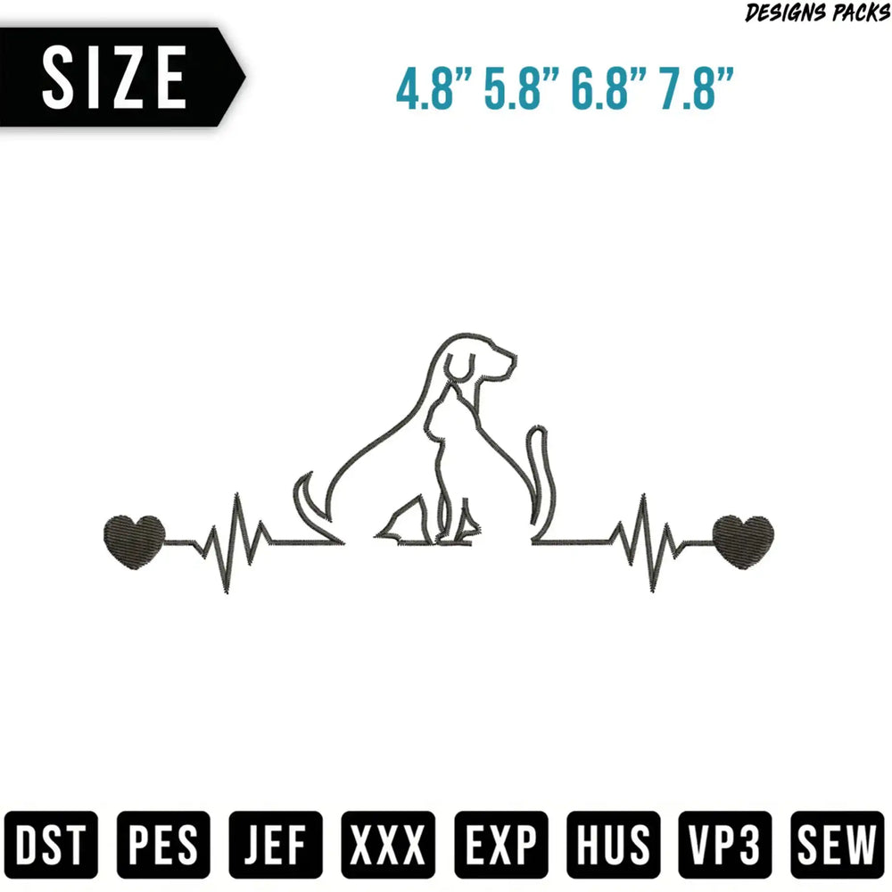 Dog and cat silhouette with heartbeat line, with size and file format options.