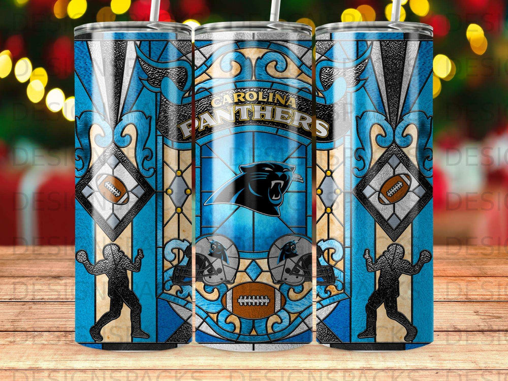 Carolina Panthers stained glass tumbler with footballs and players.