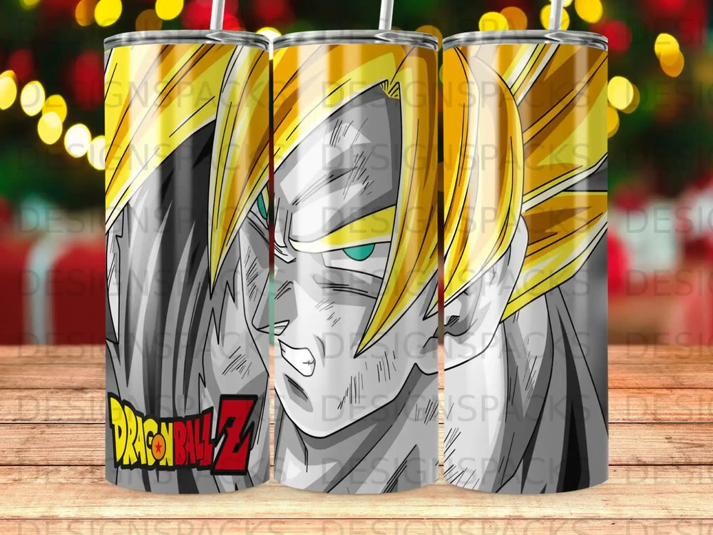 Dragon Ball Z Goku tumbler with graphic background.