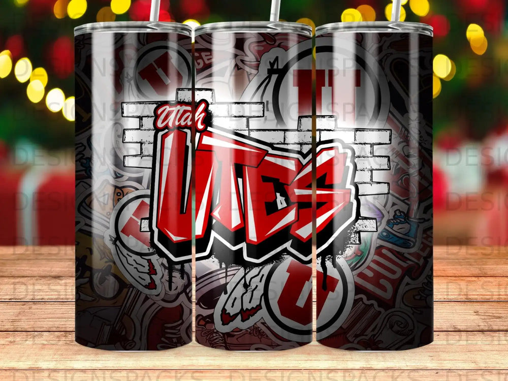 Utah Utes graphic print tumbler with red and white graffiti design.