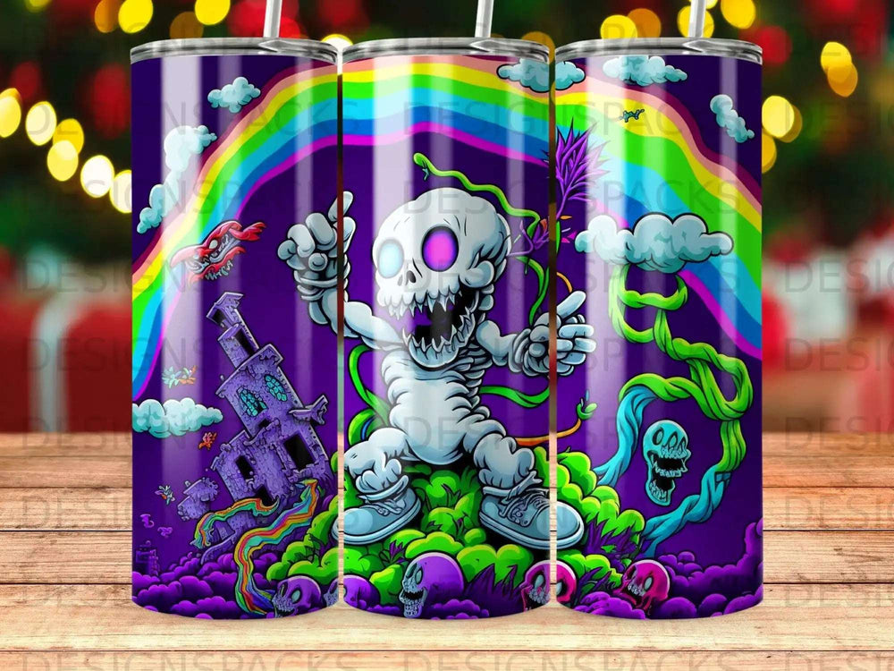 Skeleton character sitting on colorful mushrooms with spooky castle and rainbow.