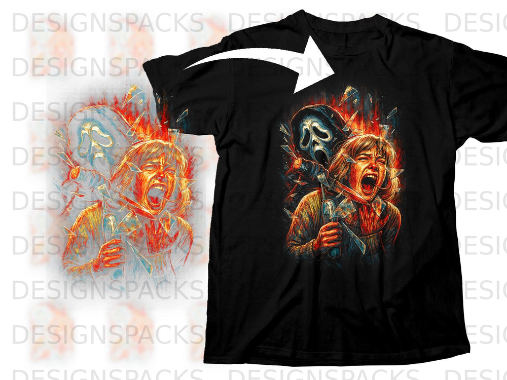 Ghostface mask and screaming woman graphic on a black t-shirt.