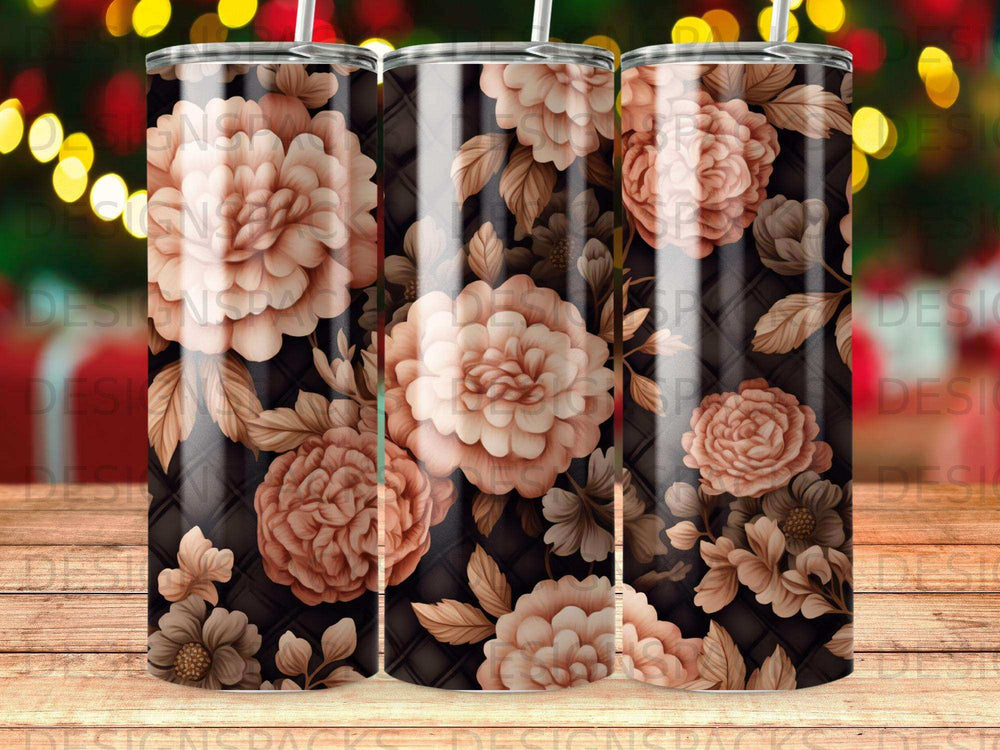 Floral pattern with large pink and brown flowers and leaves on a dark background.