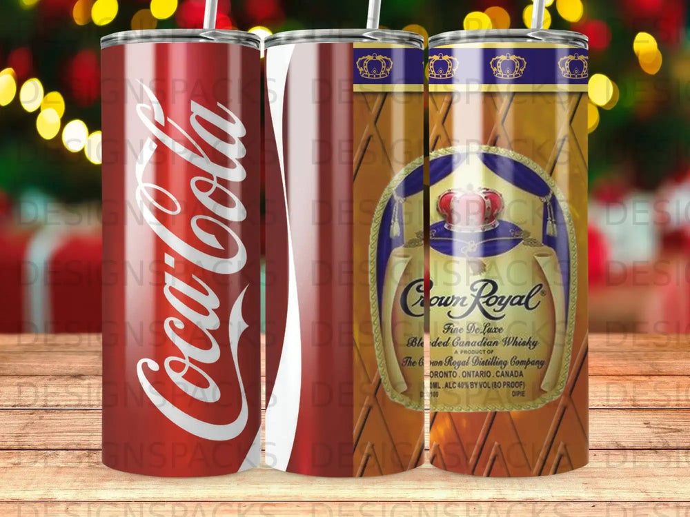 Coca-Cola and Crown Royal whisky cans, one with Crown Royal label and text.