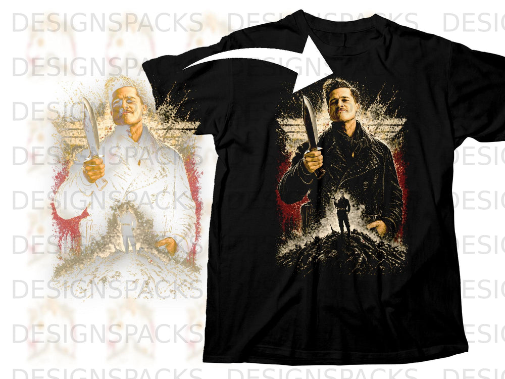 Black t-shirt featuring an illustration of a man holding a knife, with a distressed background.