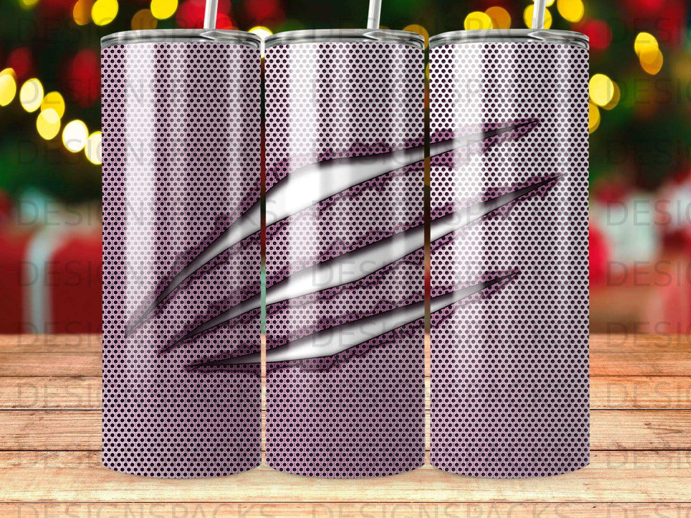 Three purple metallic tumblers with claw marks and a polka dot pattern.