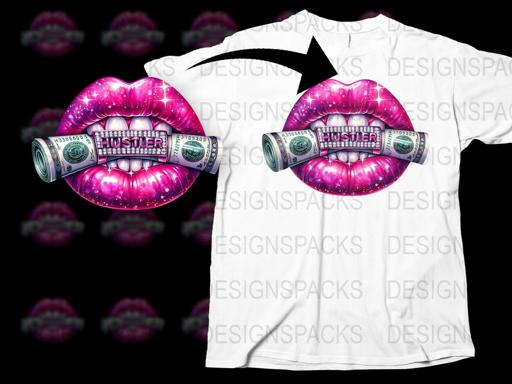 Hustler Money Lips Graphic Tee, Pink Glitter Lip Print, Dollar Bill Design, Urban Streetwear T-Shirt