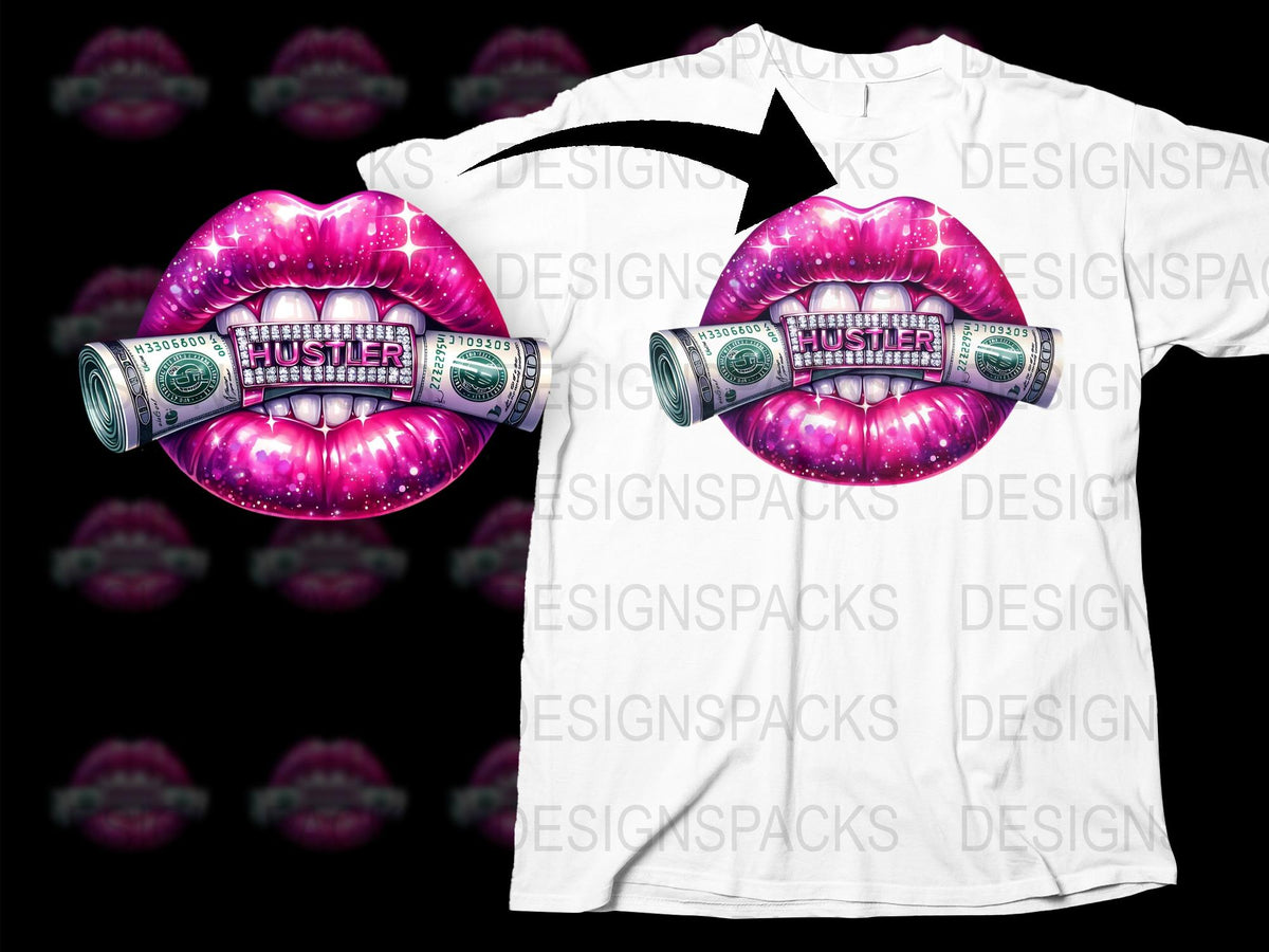 Hustler Money Lips Graphic Tee, Pink Glitter Lip Print, Dollar Bill Design, Urban Streetwear T-Shirt