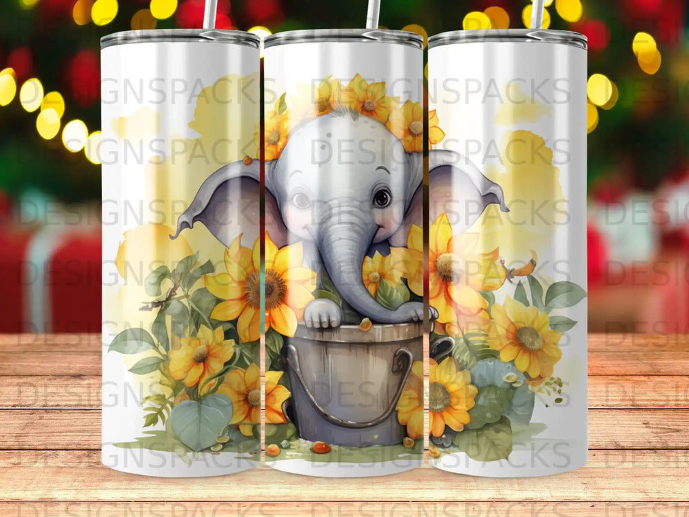 Elephant with sunflowers in a bucket.