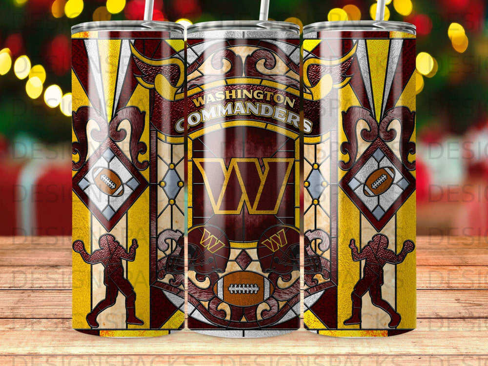 Washington Commanders tumbler with team logo and football player graphics.
