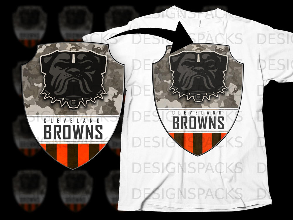 Cleveland Browns shield logo with a bulldog on a white t-shirt.