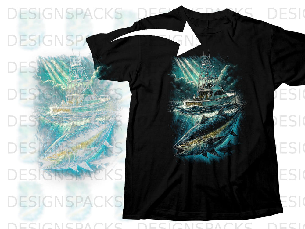 Black t-shirt with a graphic of a tuna fish and fishing boat in rough seas.