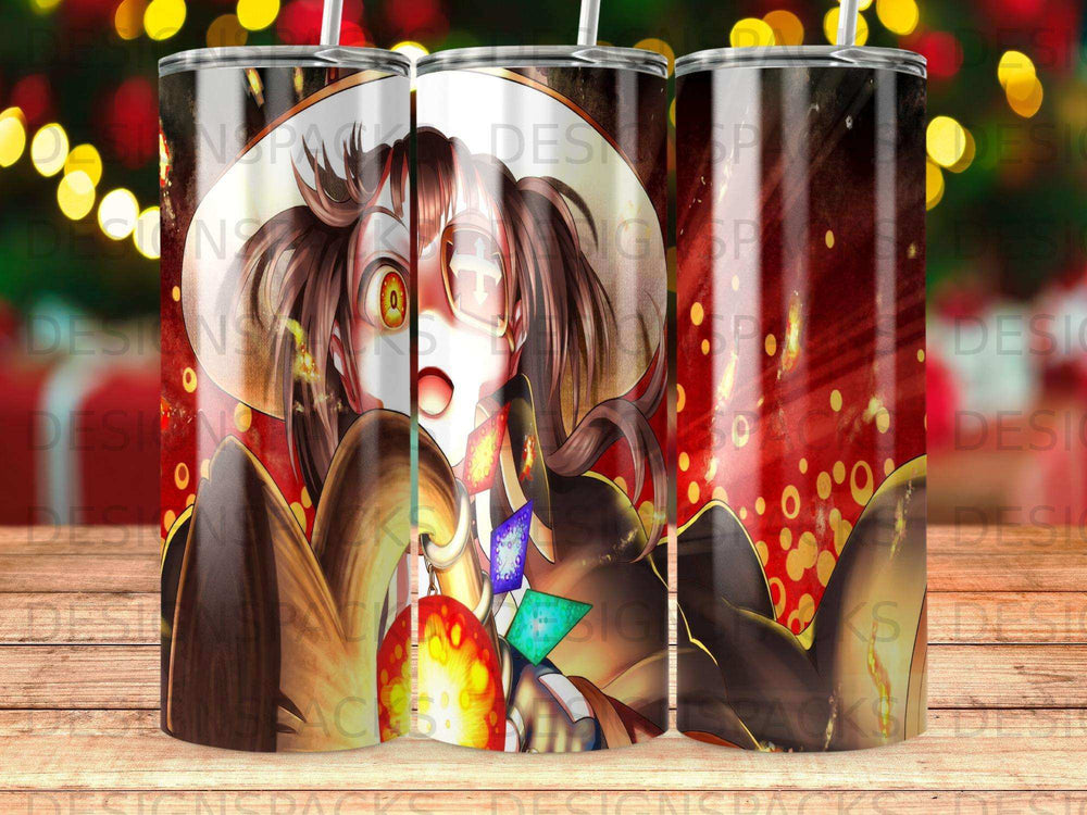 Anime girl with surprised expression, holding colorful gems, against bokeh background.