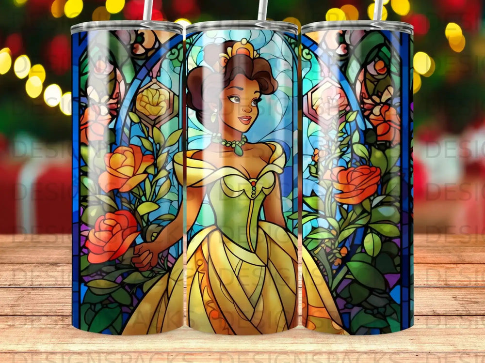 Stained glass portrait of a woman in a yellow gown with red roses.