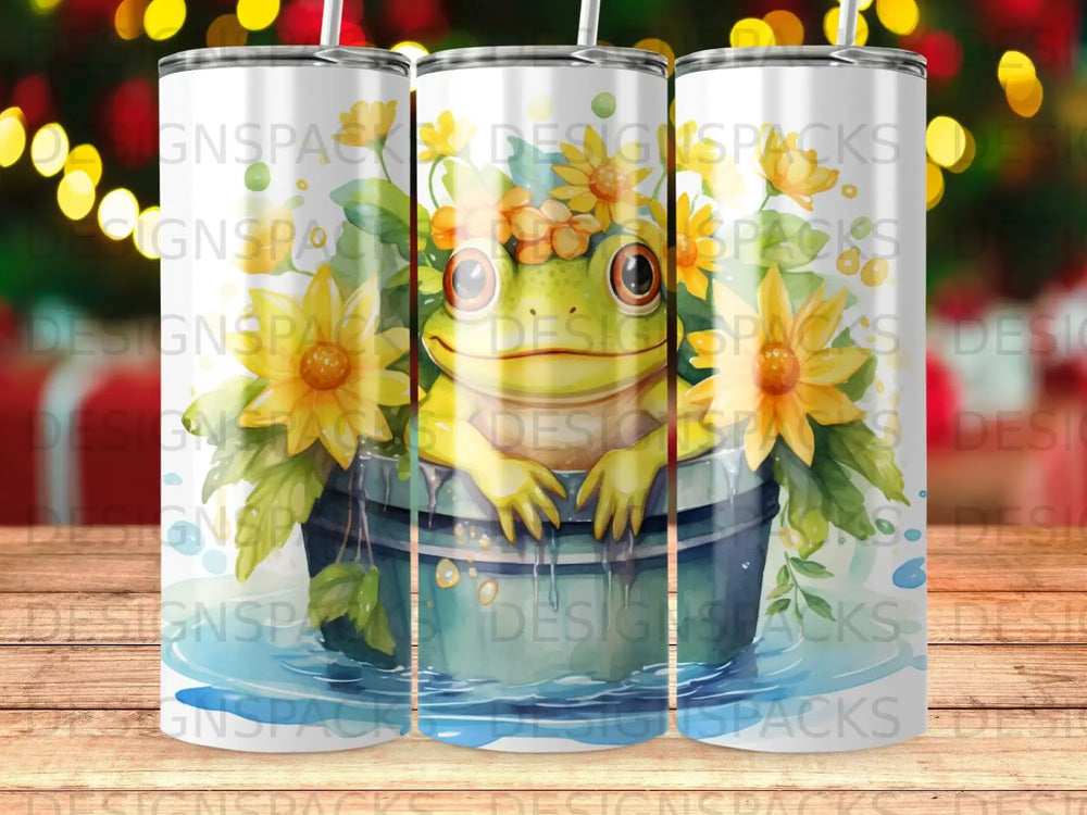 Green frog with floral crown peeking over bucket, watercolor style.