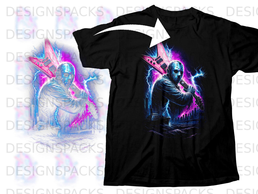 Jason Voorhees holding a pink guitar with lightning and city skyline background.