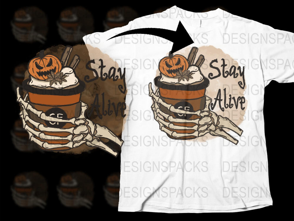 Halloween Skeleton Hands Holding Pumpkin Latte Graphic T-Shirt, Spooky Stay Alive Tee Design, Unisex Casual Fall Apparel