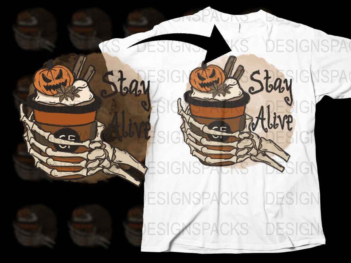 Halloween Skeleton Hands Holding Pumpkin Latte Graphic T-Shirt, Spooky Stay Alive Tee Design, Unisex Casual Fall Apparel