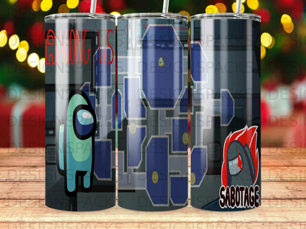Among Us characters and sabotage text on a tumbler.
