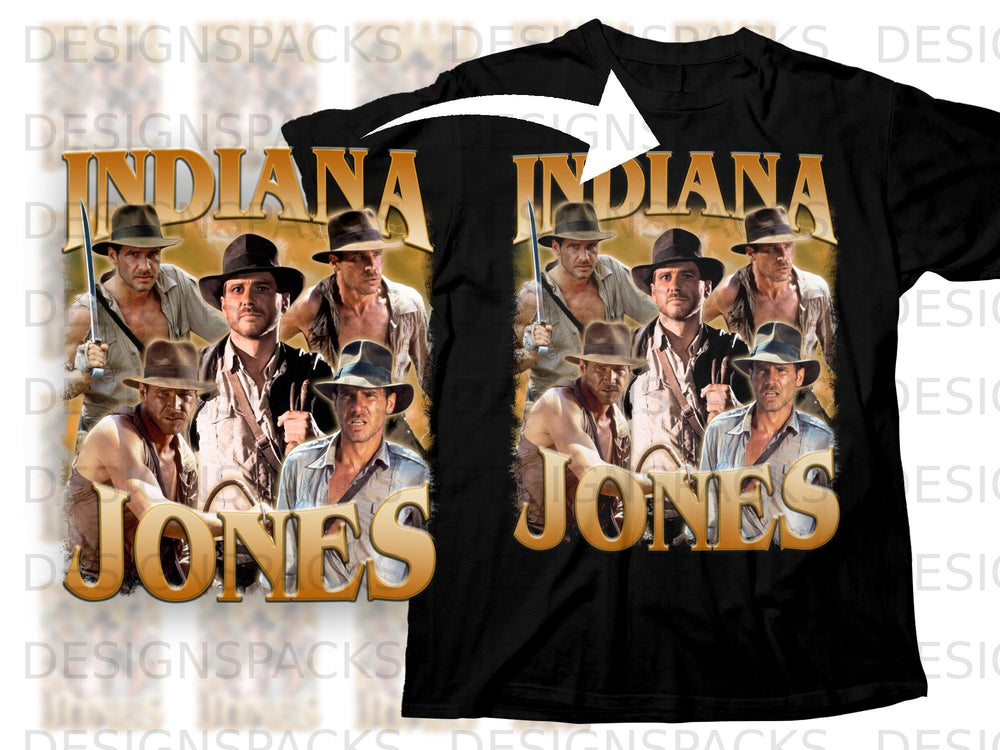 Black t-shirt graphic featuring Indiana Jones collage with "INDIANA JONES" text.