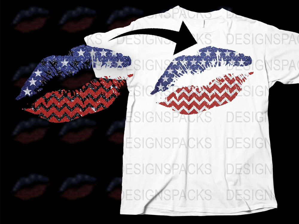 Patriotic Lips T-Shirt, American Flag Print, Red White Blue, Women's Fashion Tee, Casual Summer Top, USA Flag Kiss Design
