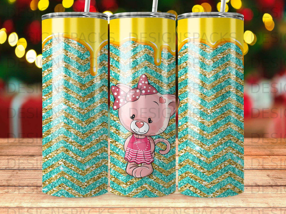 Pink Cat Teal Gold Glitter Chevron Yellow Drip Tumbler product type