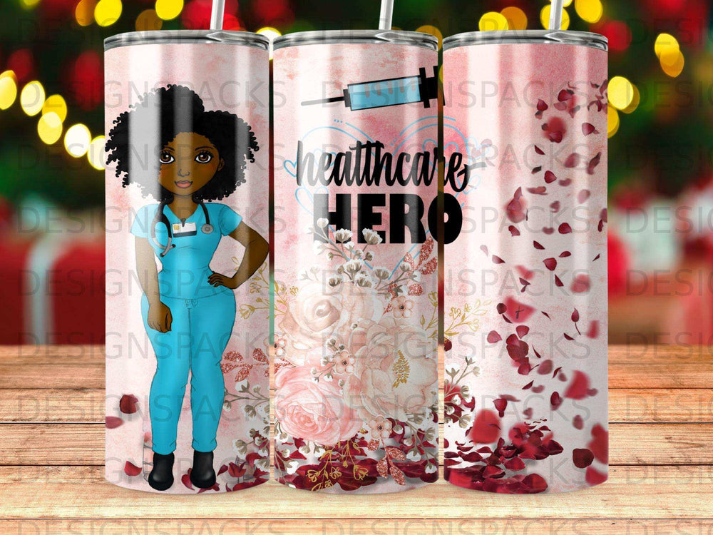 Healthcare hero tumbler with stethoscope and floral accents.