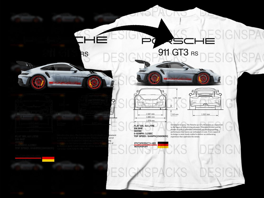 Porsche 911 GT3 RS Graphic T-Shirt, Automotive Enthusiast, Car Blueprint Design, Sports Car Tee, Racing Apparel, Collector Gift