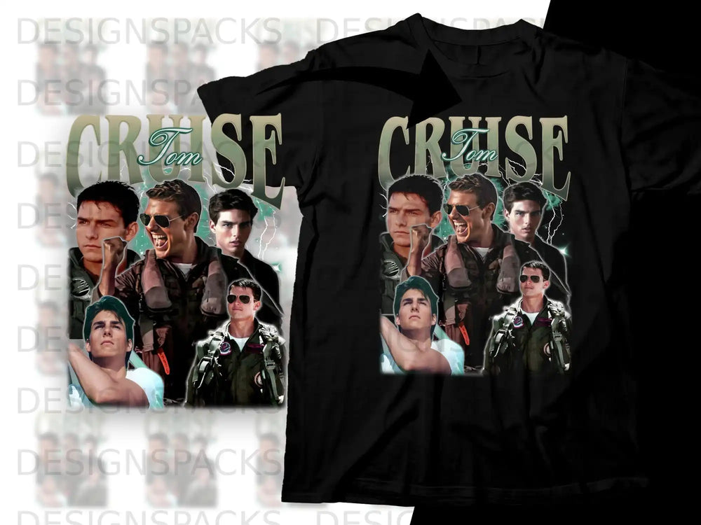 Tom Cruise as Maverick in Top Gun, front and back of black t-shirt.