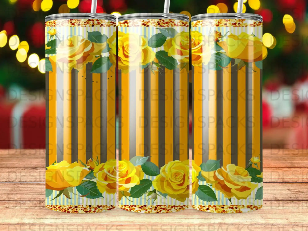 Yellow roses and grey stripes on a tall tumbler.