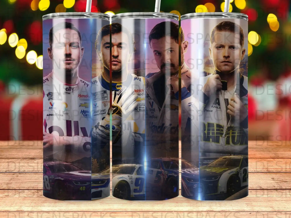 NASCAR Cup Series drivers on a tumbler with sponsor logos.